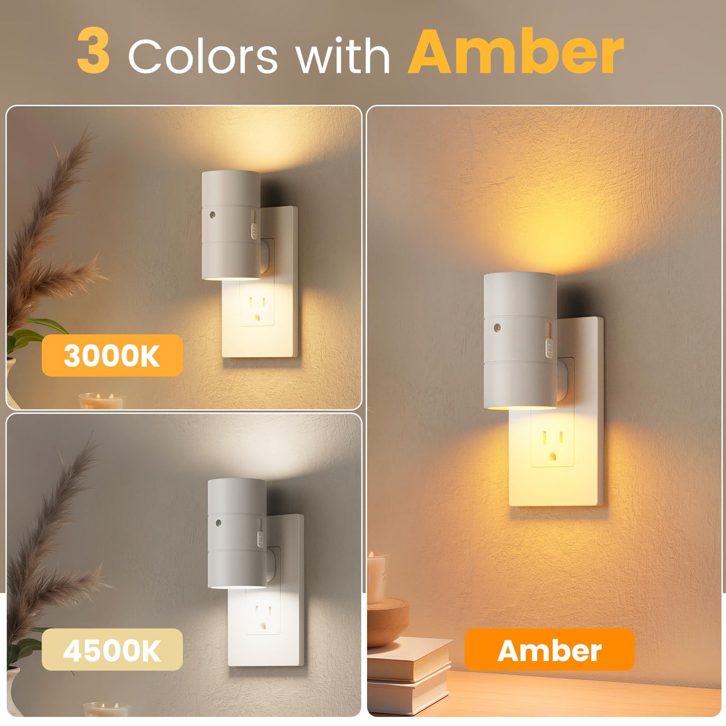 VOLISUN Dimmable LED Night Light, 0-100LM Adjustable Brightness, Amber/3000K/4500K, 4 Pack, White, Model XYD001-amber