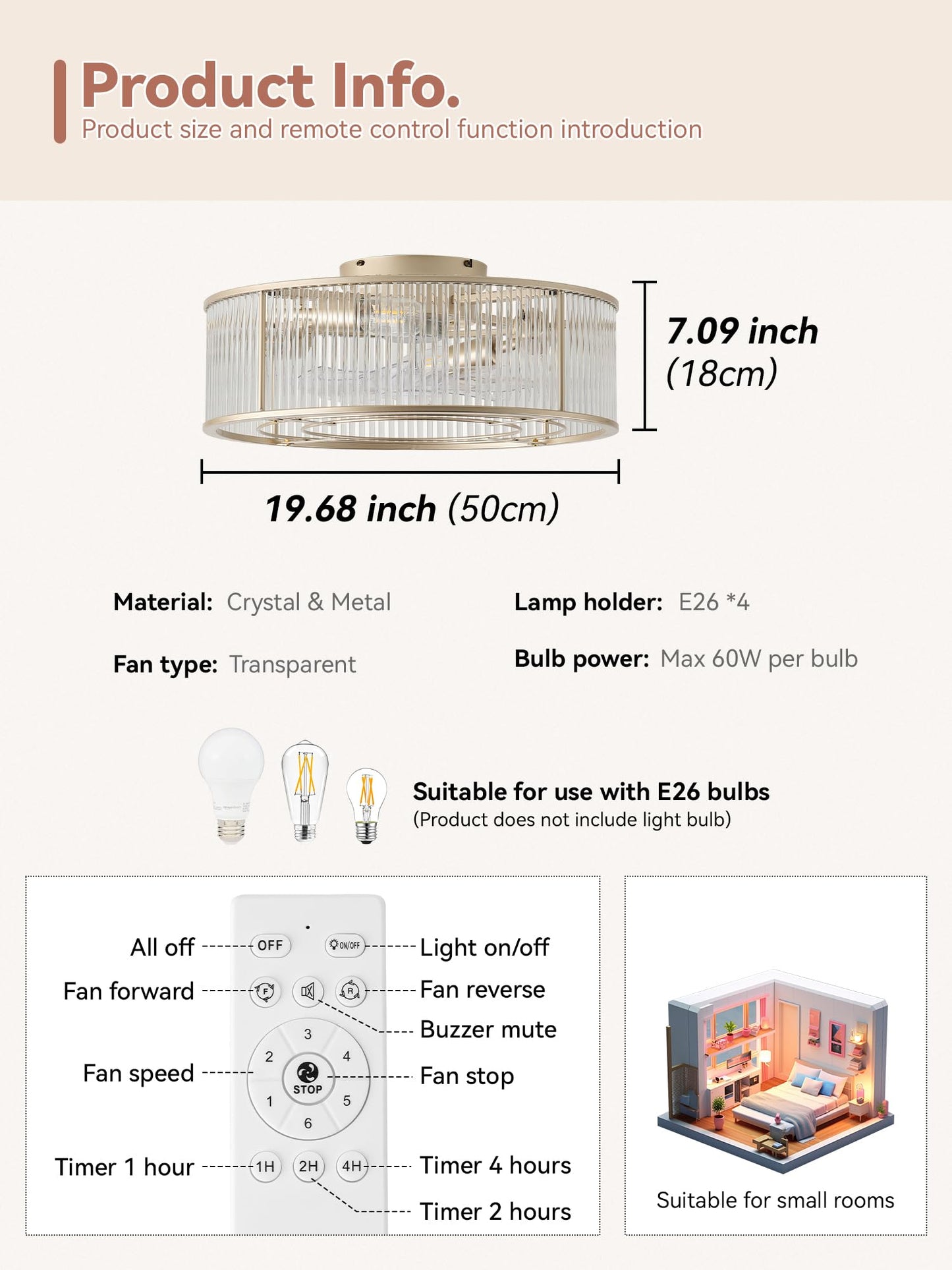 Ymkskj Low Profile Ceiling Fans With Lights, 20 Gold Crystal Ceiling Fan With Light Flush Mount And Remote Control, Drum Caged W