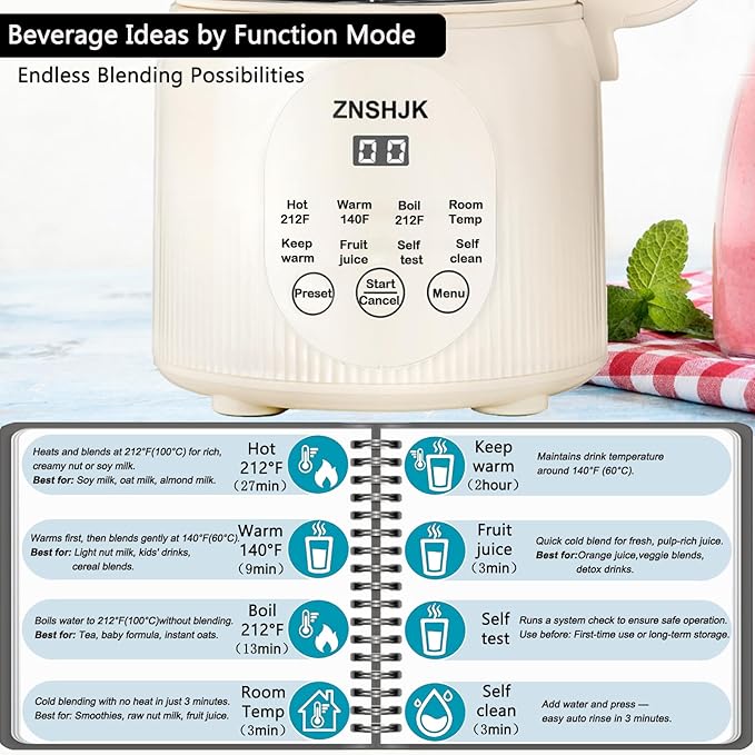 8-in-1 Nut Milk Maker, 40oz Automatic Soy, Almond & Oat Milk Machine for Homemade Plant-Based Drinks, with delay start, keep warm, boil water & self-cleaning functions