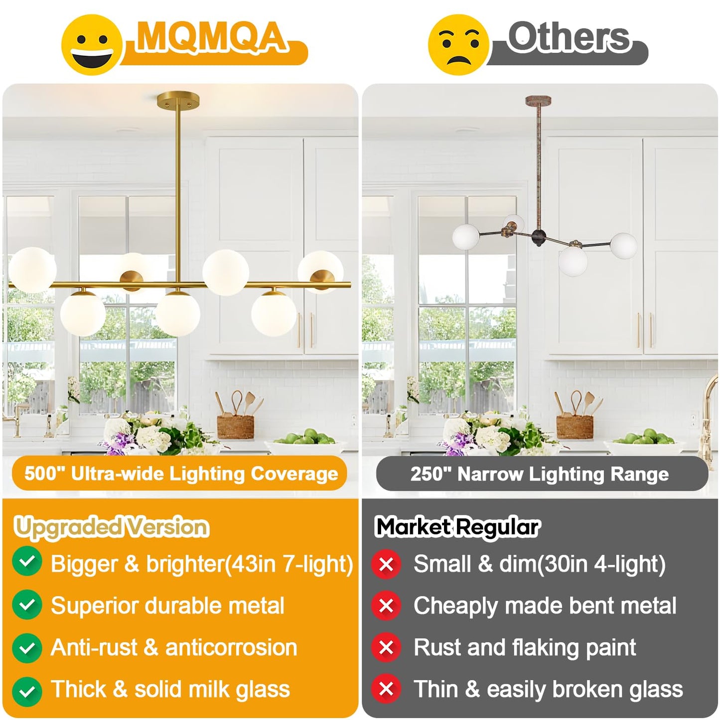 MQMQA 7-Light Modern Linear Chandelier, 43.3in Gold Pendant Light Fixture, Mid Century Design, Metal, Large Size