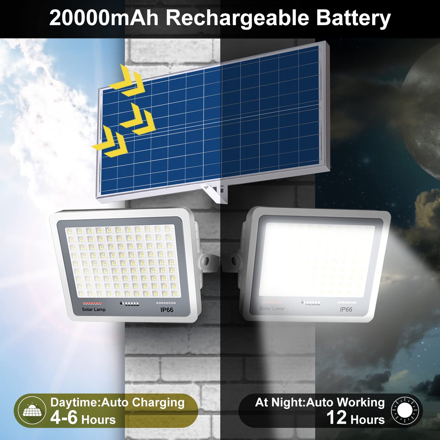 Dawumt Solar LED Flood Lights Set, 300W Dimmable, 3000K-7000K, Remote Control, IP66 Waterproof, White
