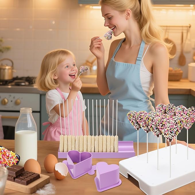 Heart Cake Pop Mold Set with 9 Inch Tray and Sticks, Circle Cake Pop Cutter and Pusher, Baking Molds Kit for Parties, Wedding,Home Desserts Making-Purple