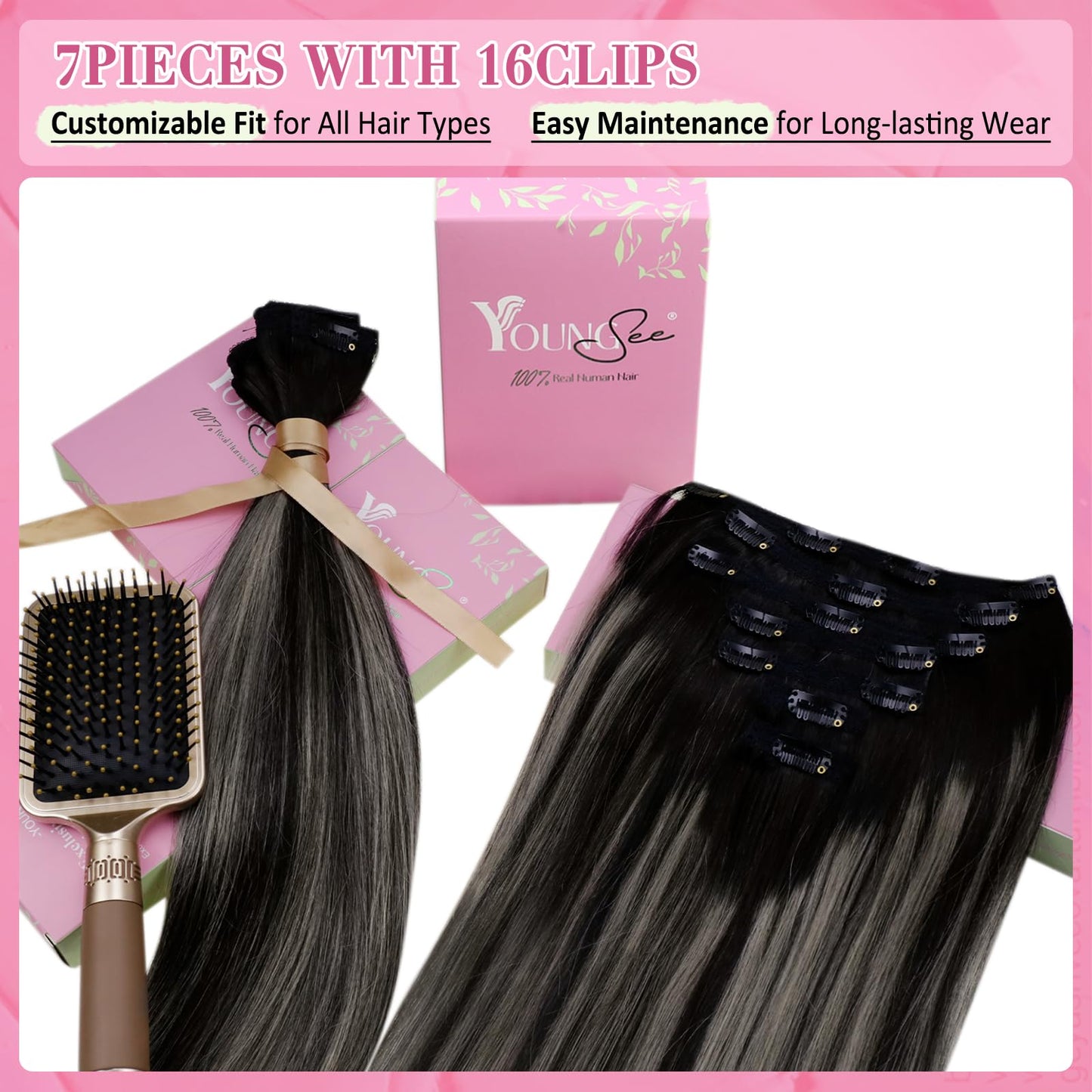 YoungSee 135G Clip in Hair Extensions Ombre Clip in Hair Extensions Human Hair Blend of Black and Silver with Black Roots Black