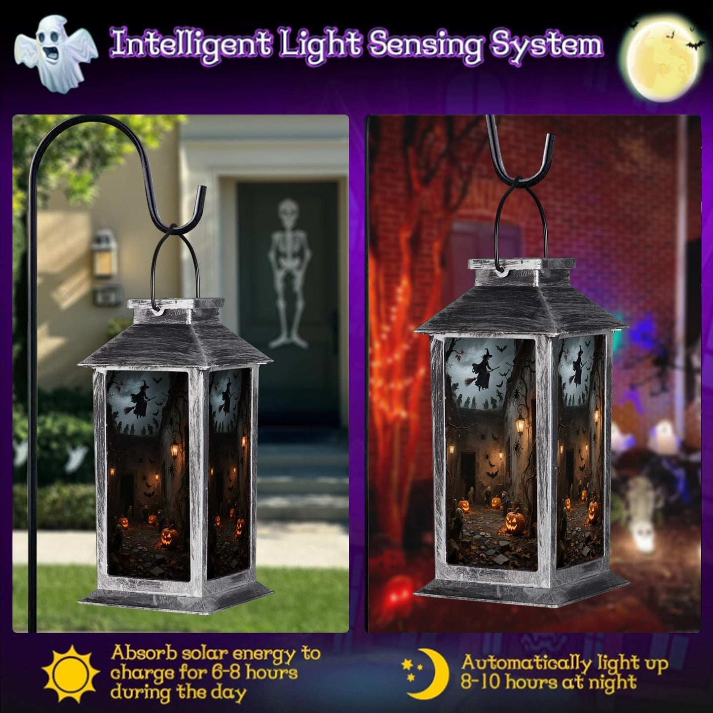 Halloween Decorations Outdoor Solar Lanterns Hanging Ghosts Solar Lantern Party Decorations Halloween Decor Gifts For Porches Yards Gardens Lawn(Castle Witch And Ghost Pumpkin)