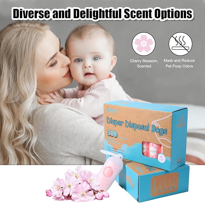Disposable Diaper Bags for Baby - 20 Refill Rolls (300 Pack), Disposable Trash Bag with Dispenser - Cherry Blossom Scented, Pink, Ideal for Diaper Dispoal