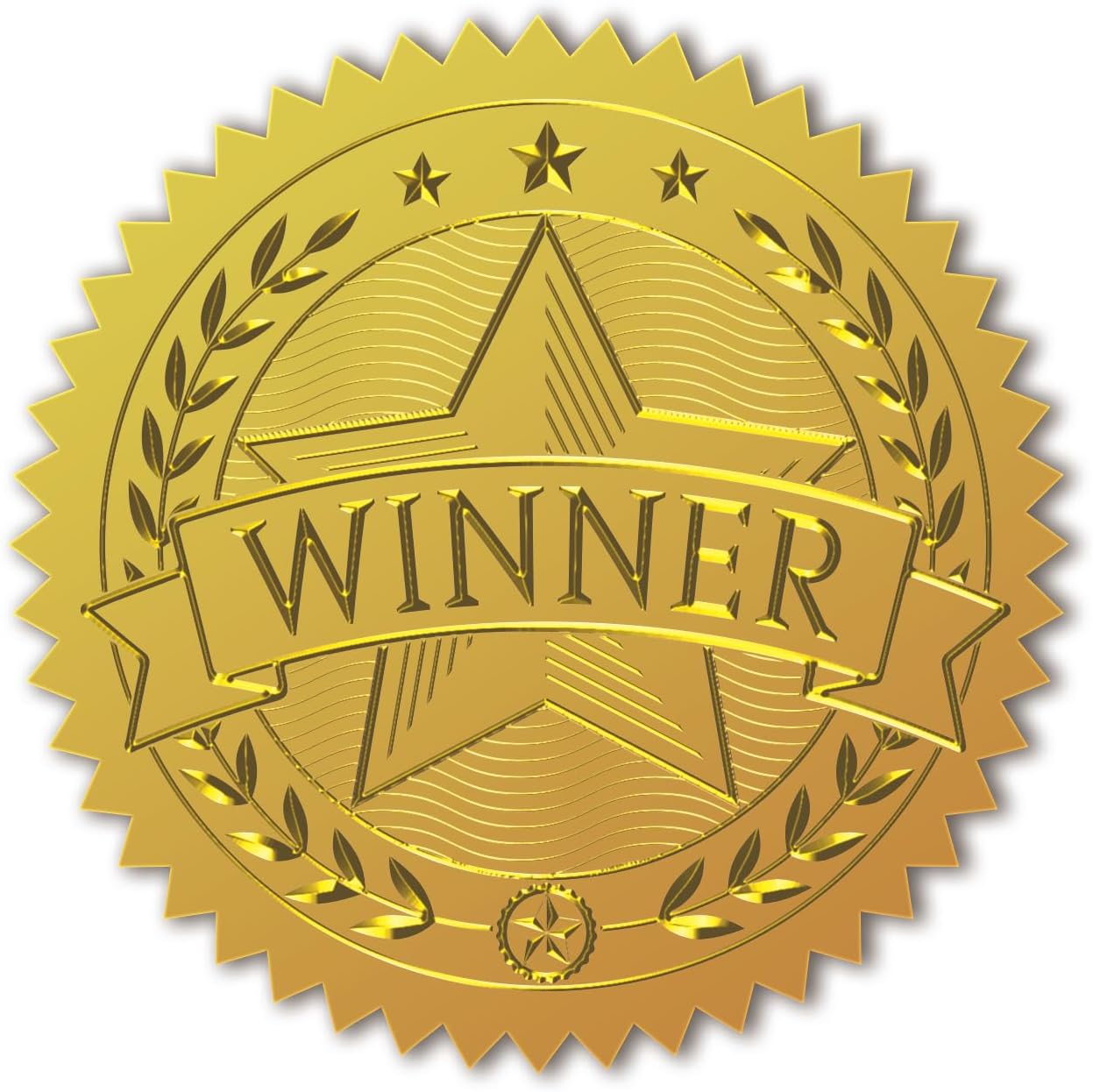 Peacoblue Gold Foil Stickers Seals Official Embossed 2 Inch 100Pcs Winner Star, Self Adhesive Gold Around Embossing Medal Stickers for Certificate Paper, Competition Reward, Awards, Envelope Seals