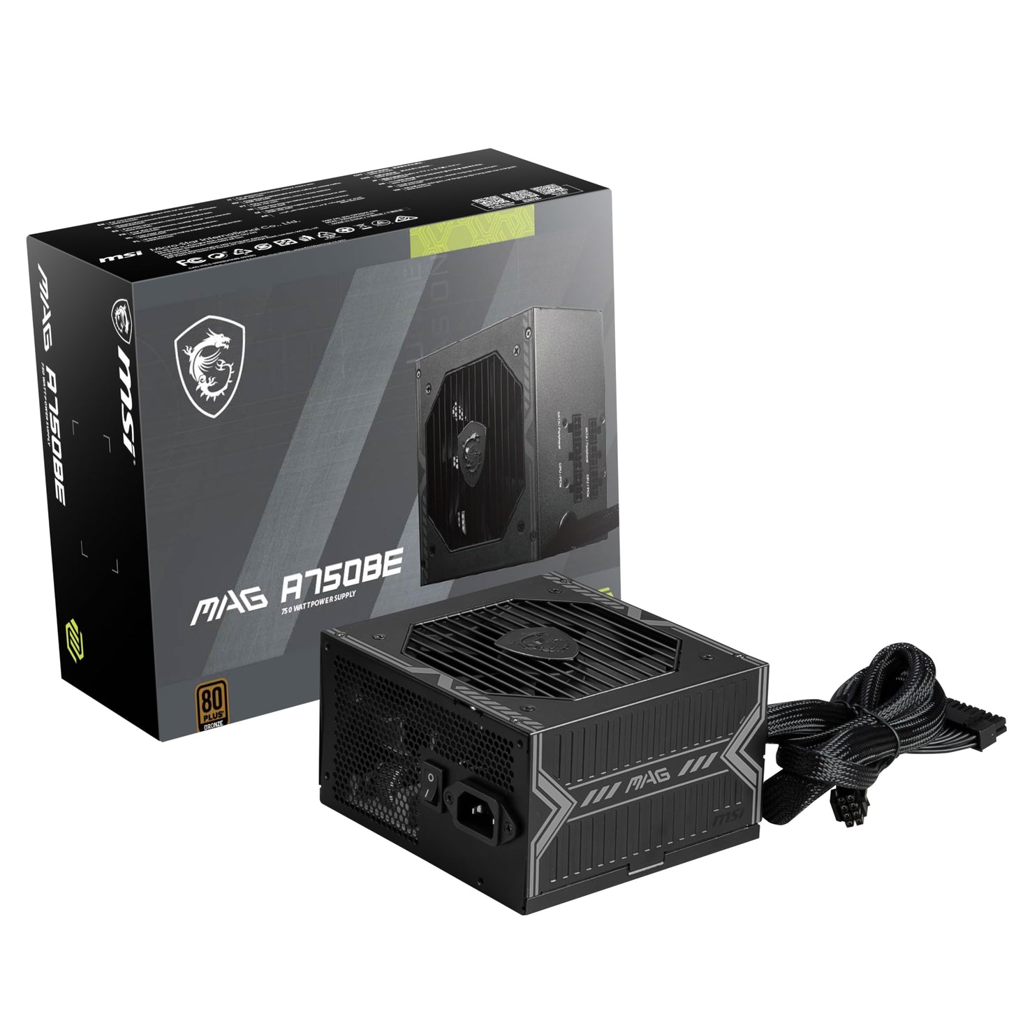 Msi Mag A750Be, Semi-Modular Compact 750W Atx Power Supply, 80+ Bronze, Low-Noise Fan, Active Pfc Design, 5 Year Warranty