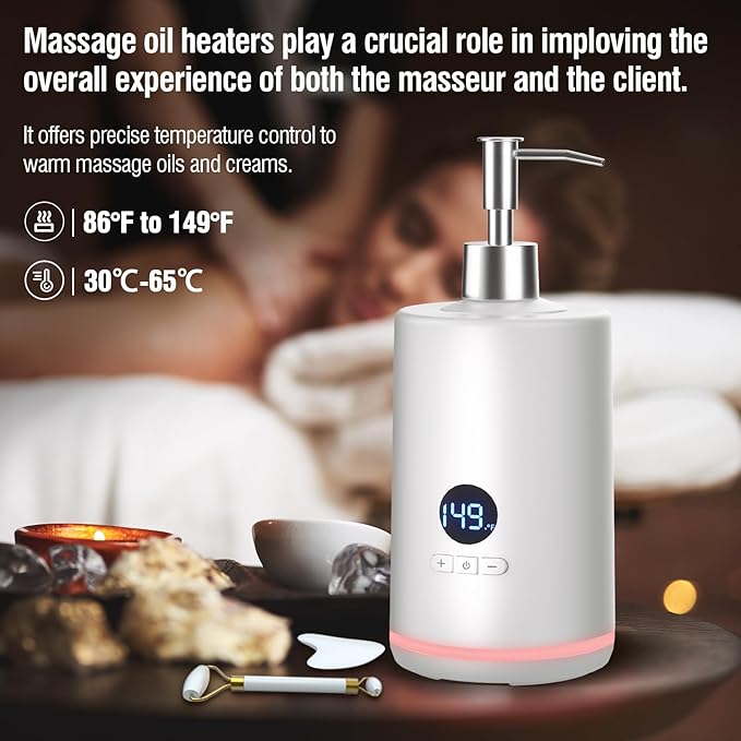 Massage Oil Lotion Warmer, Massage Oil Heater for SPA Massage Therapy and Personal Use, Portable Body Oil Warmer Dispenser with Two Massage Bottles, Adjustable Temperature(86-149°F), White