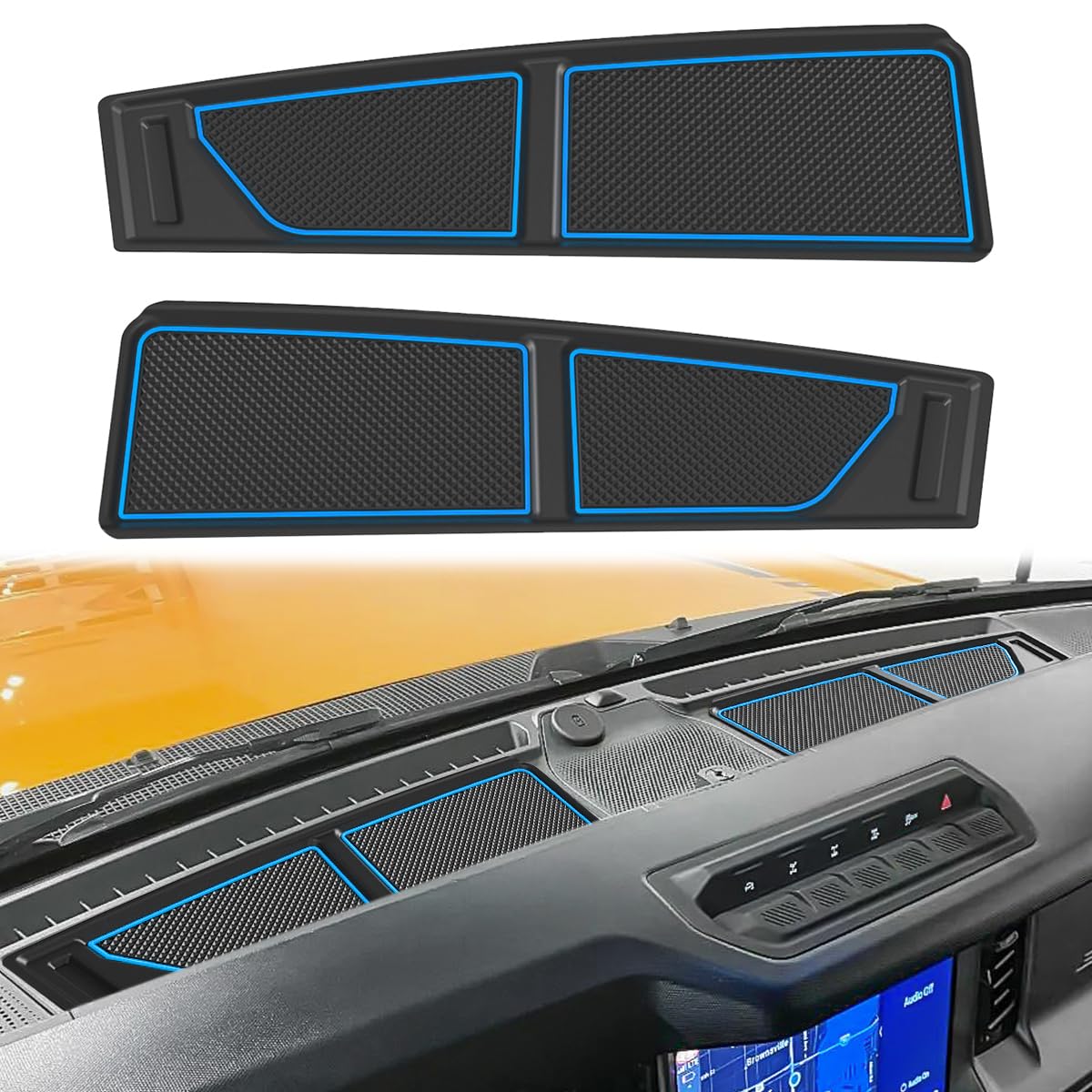 auovo Dash Cover Tray Fit for Ford Bronco Accessories 2026 2025 2021 2022 2023 2024 Anti-Slip Silicone Dashboard Compartments Mat fit Bronco 2/4-Door Interior Dash Pad Liners 2-pc Set (Blue Trim)
