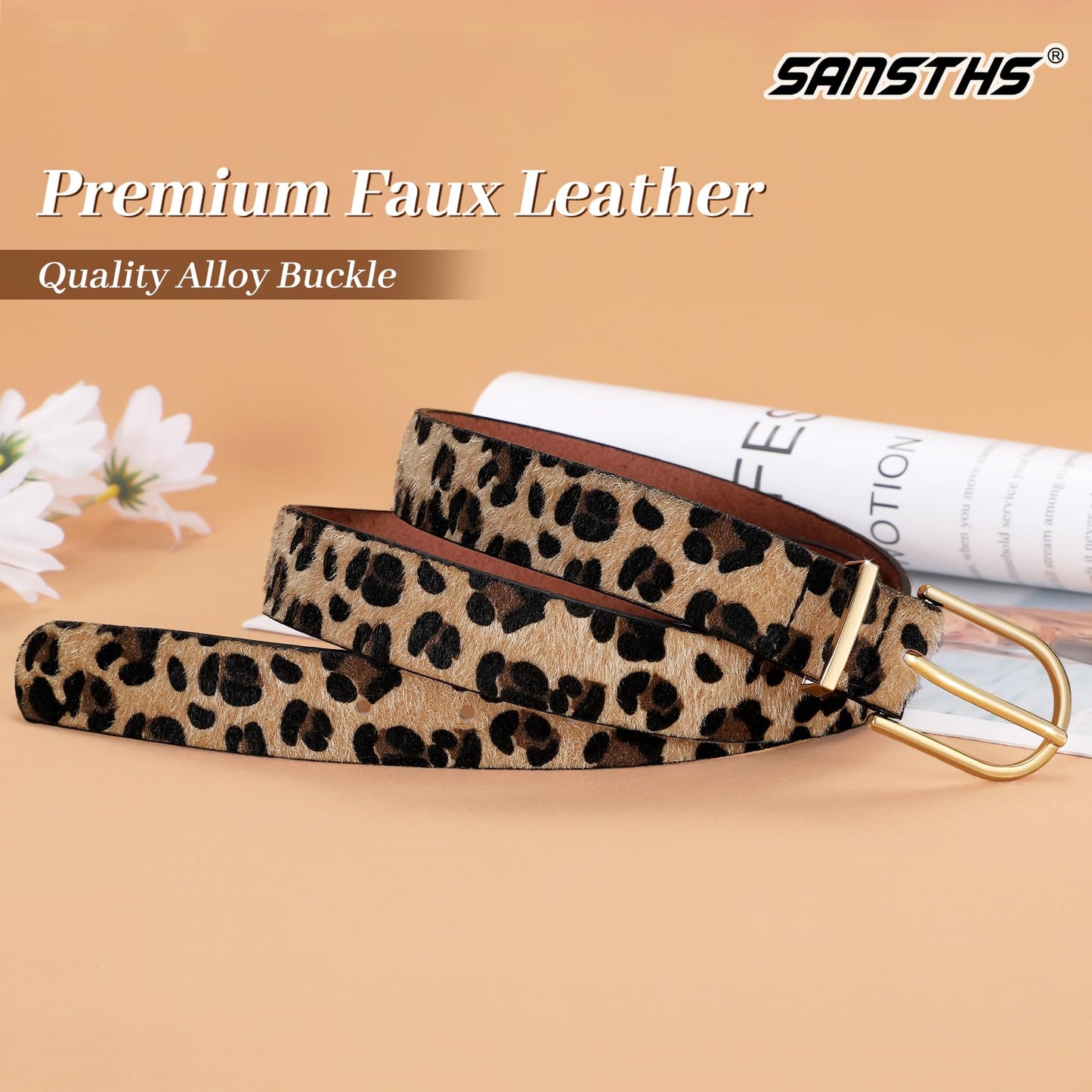 SANSTHS Women Faux Leather Chic Belts for Jeans Pants Fashion Ladies Belt Solid Color with Gold Curved Pin Buckle Leopard M