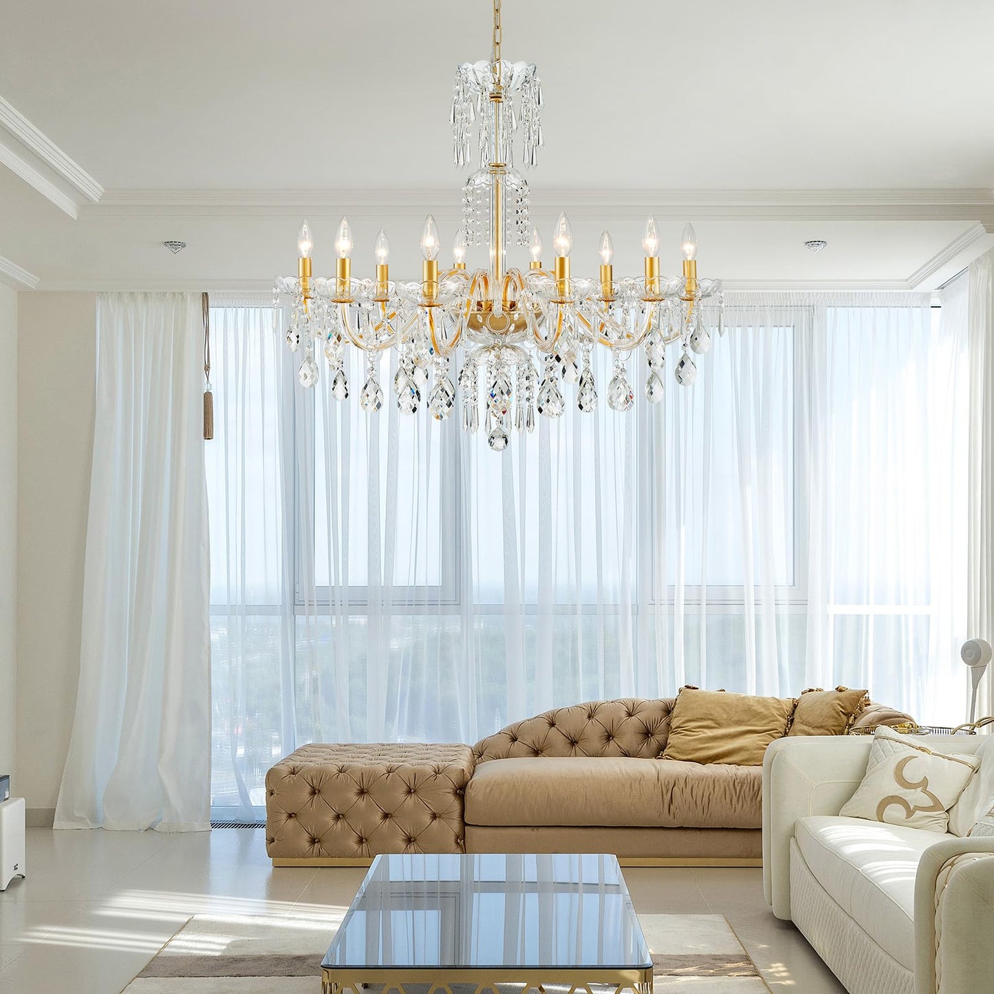 Wuzups 10-Light Crystal Candle Chandelier Pendant Ceiling Light Modern Lighting Fixture For Bedroom Hallway Bar Kitchen Bathroom  H 26.7 W 33.9  E12 Base  Gold