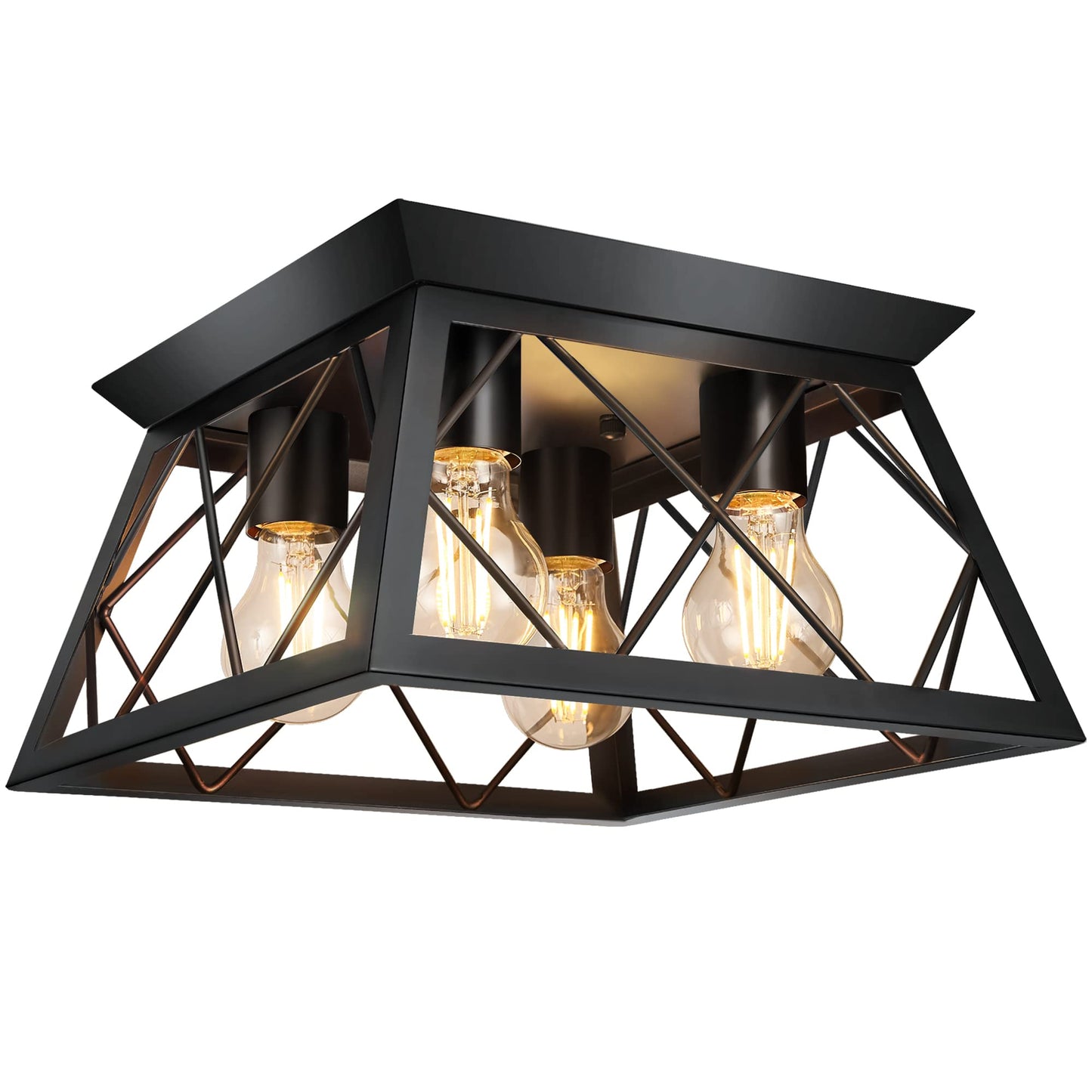Fadimikoo 4-Light Black Metal Flush Mount Ceiling Light, Industrial Square Cage Design For Kitchen, Dining Room, Living Room