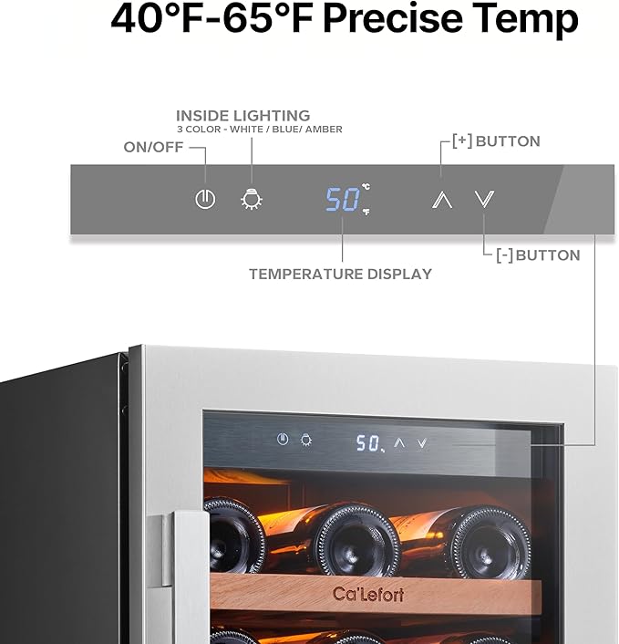 Ca'Lefort 15 Inch Wine Cooler Refrigerator, 33 Bottles Wine Coolers with Glass Door, 3 LED Built-in Compressor Fridge with Adjustable Shelves for Home Office Bar (3.0 cu.ft)