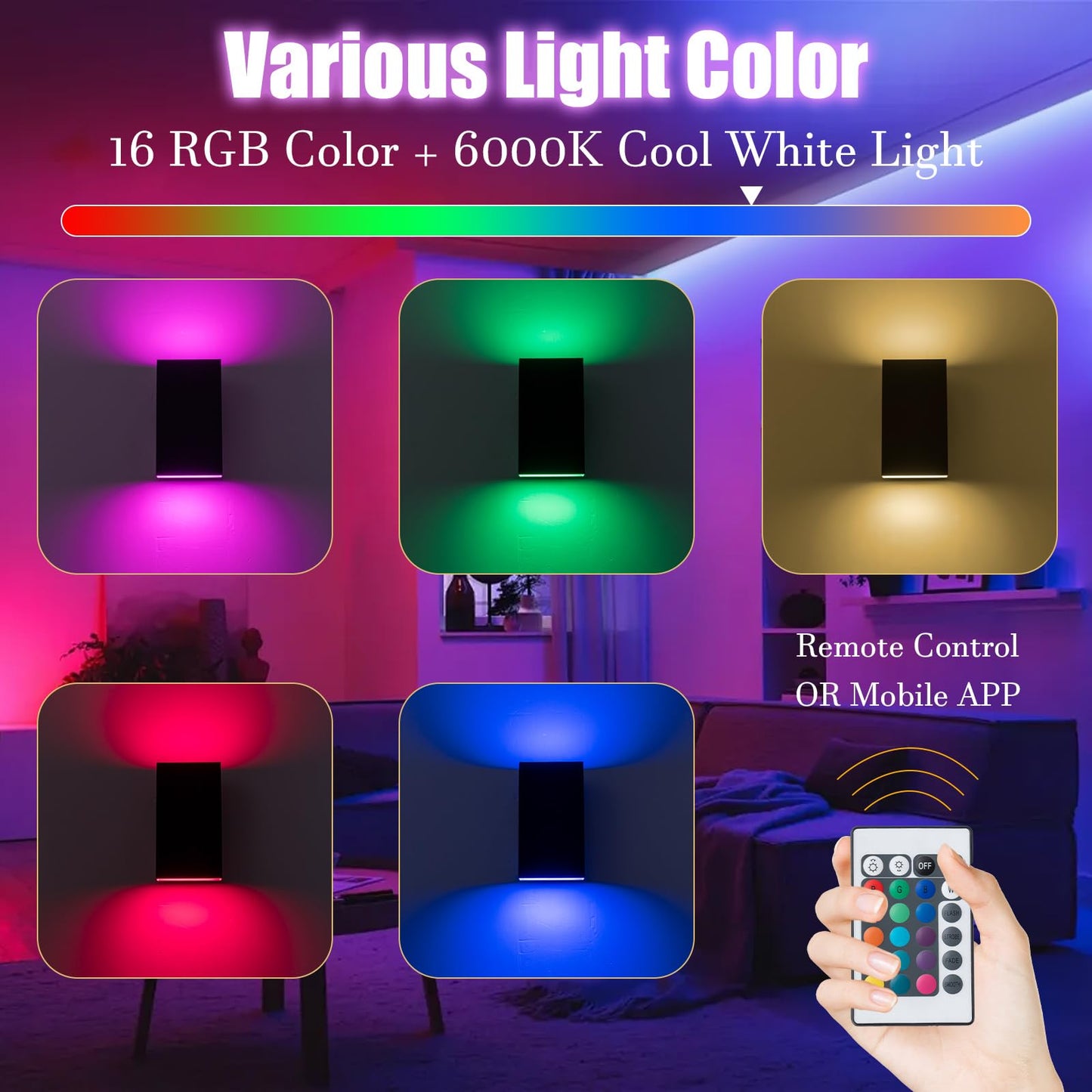 Zicbol Outdoor Wall Light, 10in RGB Color Changing Sconce, Remote/App Control, Black, Metal, Model HY058