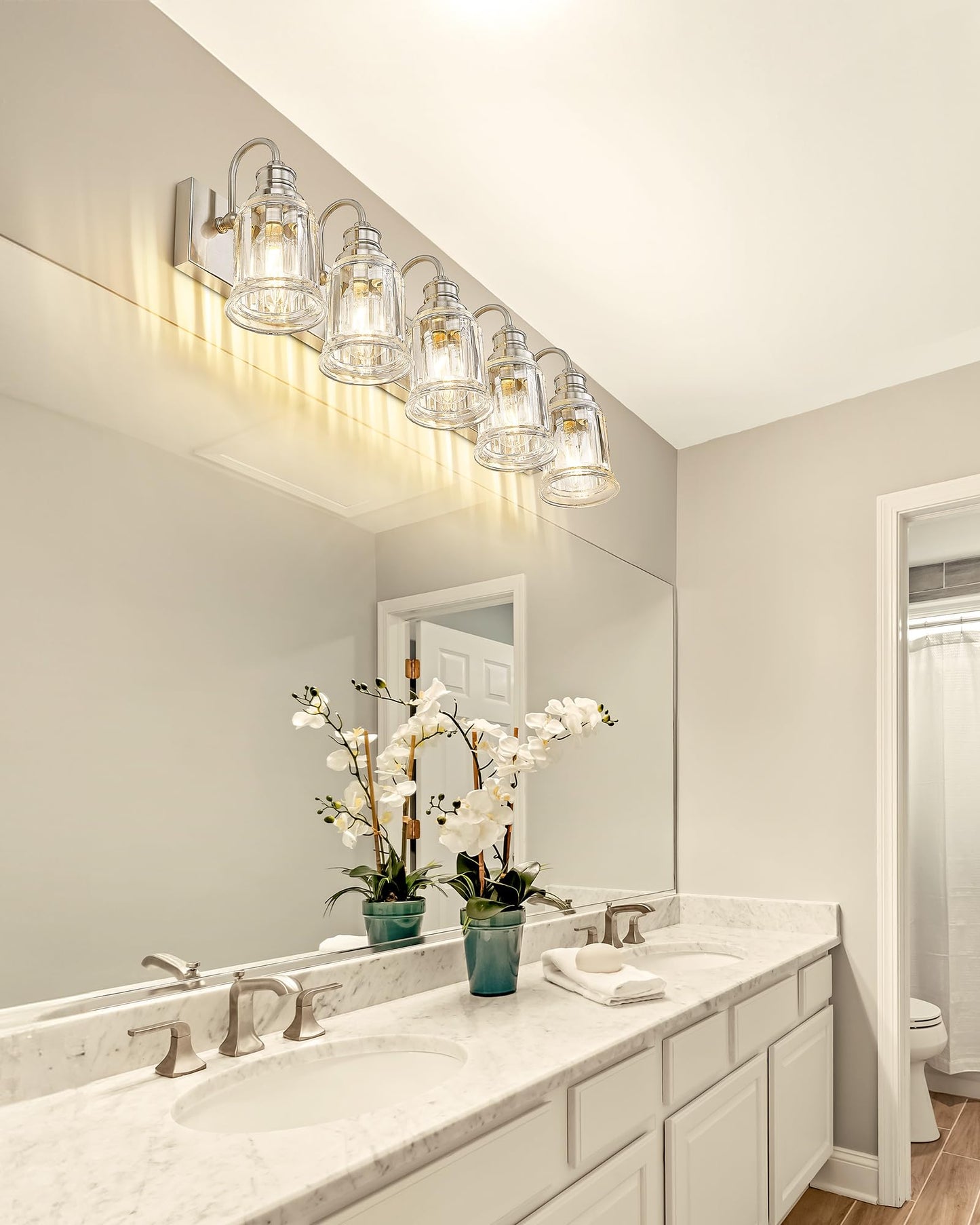 Bathroom Light Fixtures  Hwh 5-Light Vanity Light  Modern Brushed Nickel Wall Lighting Over Mirror  Bell-Shaped Striped Glass  5Hzg106B-5W Bn