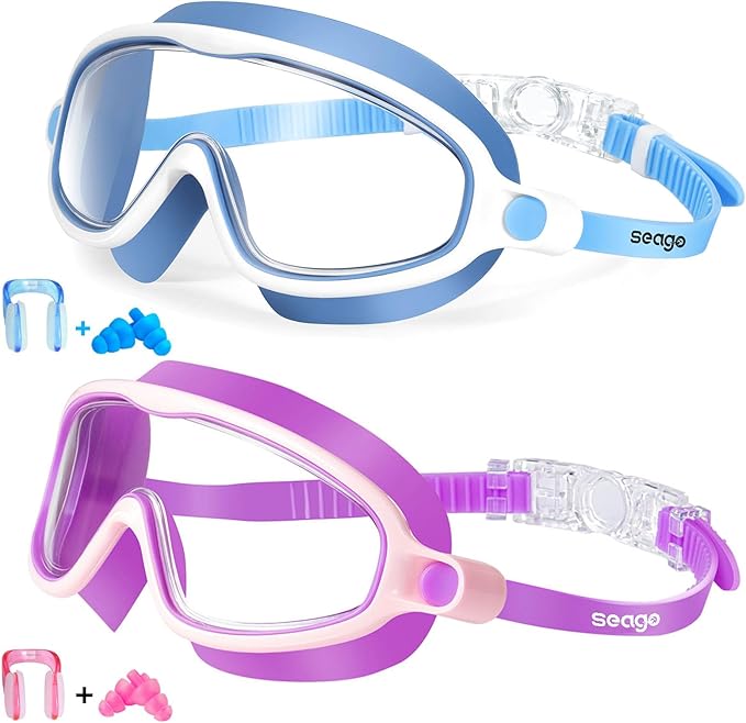Seago Kids Goggles for Swimming 2 Pack Anti-Fog Outer Eye Fit with Wide View No Leaking UV Protection Crystal Clear Watert...