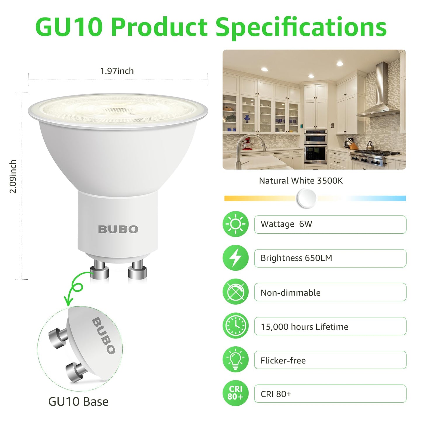 Bubo Gu10 Led Bulb 6W Equivalent, 3500K Natural White, 650 Lumens, Non-Dimmable, 6 Pack, Mr16 Replacement For Track Lighting