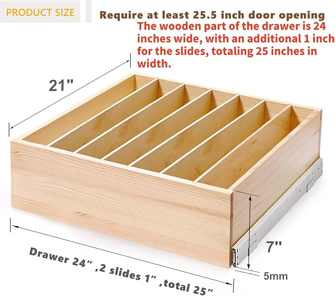 Pull Out Cabinet Organizer with Divider, 25''W×21''D×7''H Soft Close Wood Drawer for Kitchen Pantry, Finished, Heavy-Duty, Bottom Assembly (Wood Drawer Part Width is 24'')