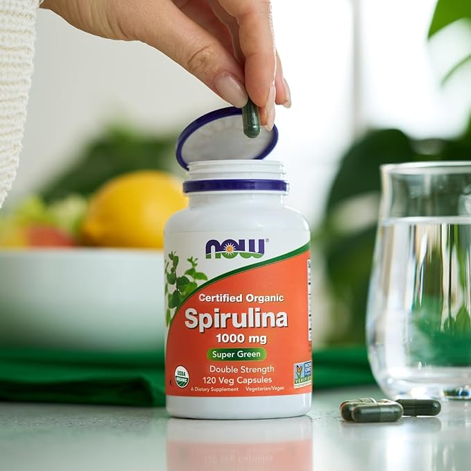 NOW Foods Supplements, Certified Organic, Spirulina 1000 mg (Double Strength), Rich in Beta-Carotene (Vitamin A) and B-12 with naturally occurring GLA , 120 Tablets