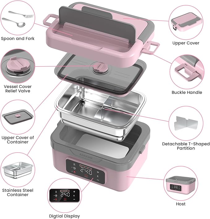 Electric Lunch Box For Adults - Rechargeable 75W Self-Heating Food Warmer with 6.3 Cups(1.5L) Stainless Steel Container, Heated Lunch Box For Office, Picnic, Car & Outdoor Use(Pink)