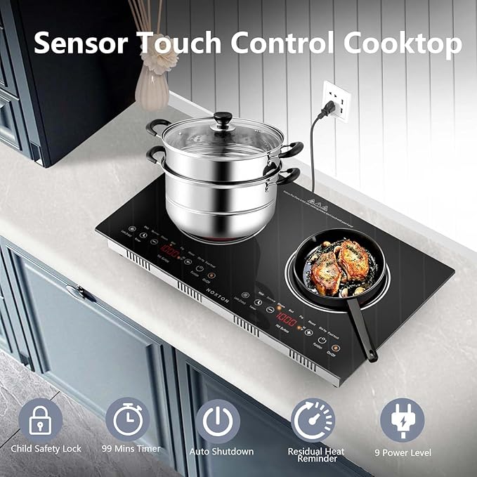 Noxton 2 Burners Electric Cooktop, 24" Built-in & Countertop Stove, Two Burner Ceramic Cooktop with Child Safety Lock, Timer, Touch Sensor Control, Portable 110V Plug-in Cooktop