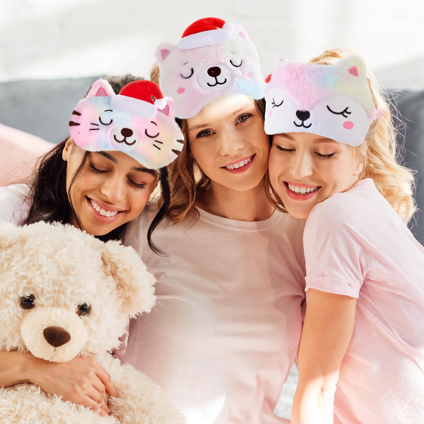 Geyoga 6 Pieces Christmas Sleeping Mask for Kids Girls Eye Mask Cute Reindeer Penguin Bear Animal Soft Plush Blindfold Eye Cover Shade for Toddler and Adult Xmas Party Gifts(Rainbow)