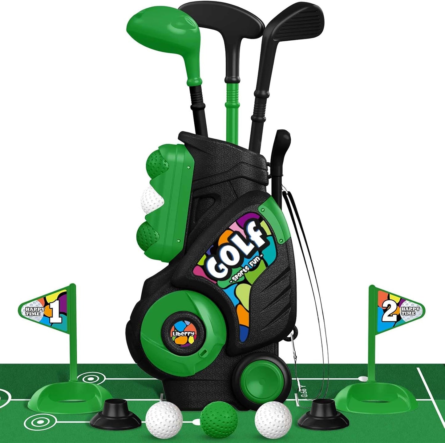 Liberry Toddler Golf Set with Putting Mat for Boys Girls Age 2 3 4, Upgraded Kids Golf Cart with Shoulder Strap Design, Outdoor Indoor Sports Toys for Birthday, Black