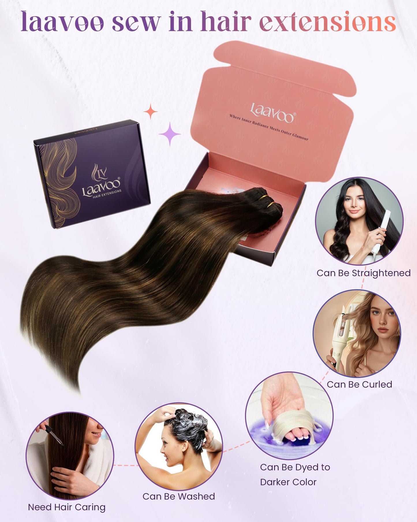 LaaVoo Human Hair Weft Extensions Brown Ombre Sew in Hair Extensions Long Straight Double Weft Hair Extensions Human Hair Dark B
