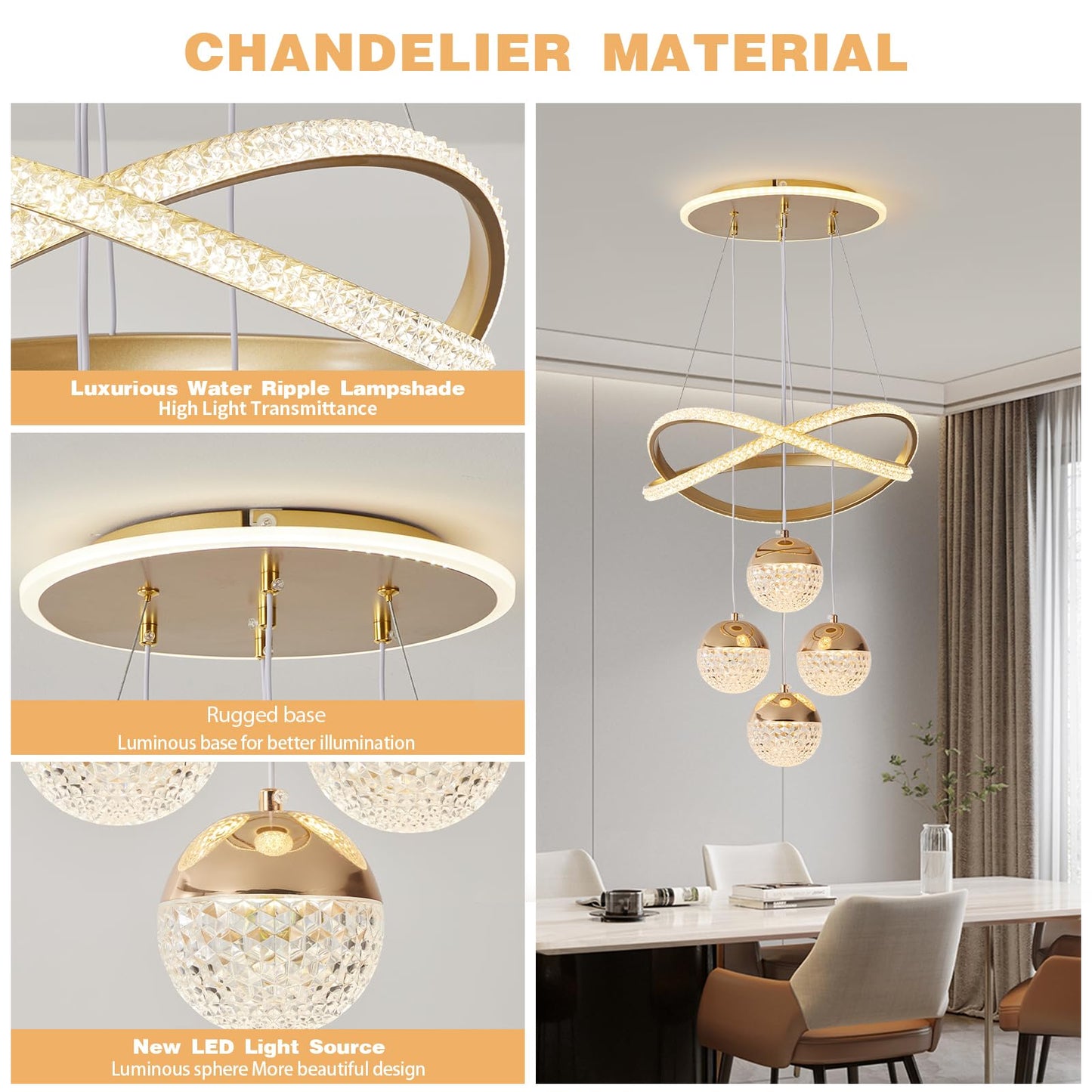 BCGMYLN Modern Gold LED Chandelier, Dimmable Pendant Light for Dining Room, Adjustable, Aluminum, Model WY-PL LIGHT
