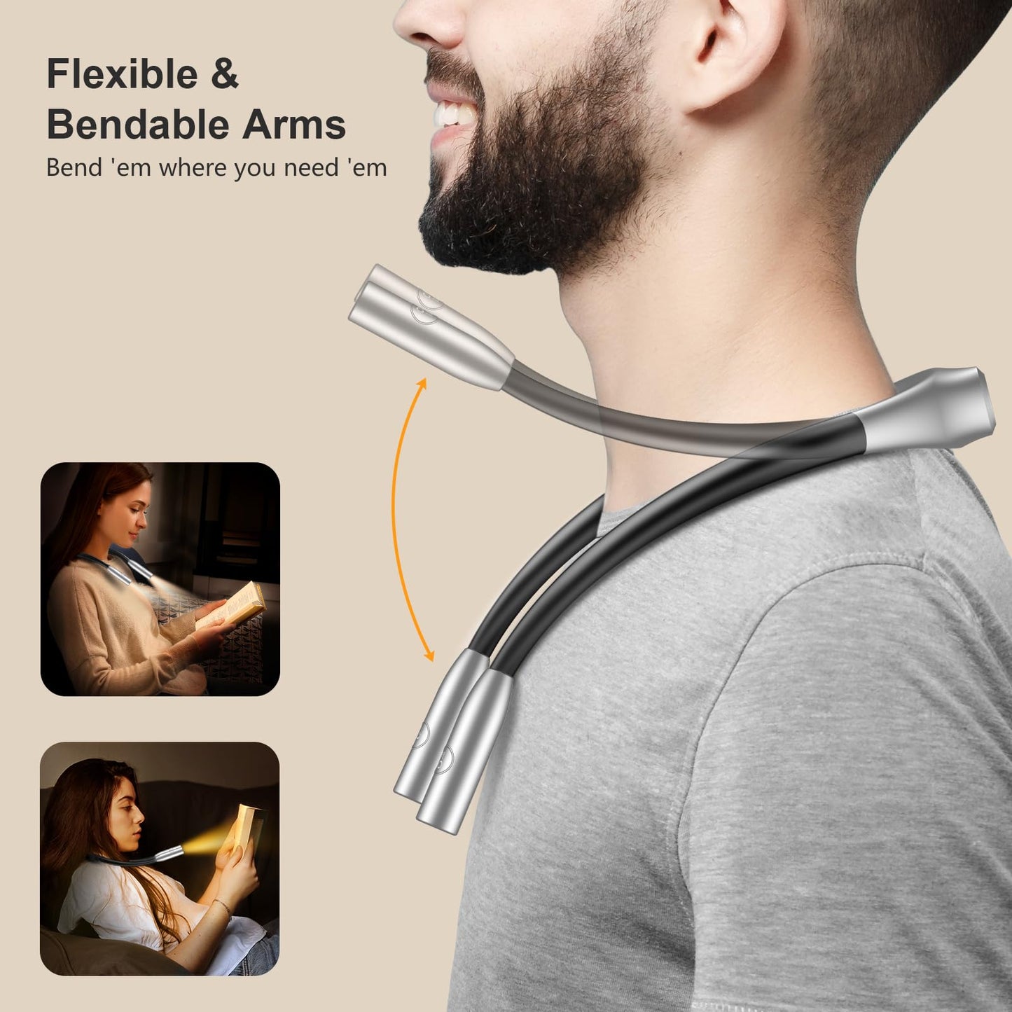 Gritin LED Neck Reading Light - Dimmable, 3 Colors, 80+ Hrs Runtime, Lightweight, Gray, Model G1337