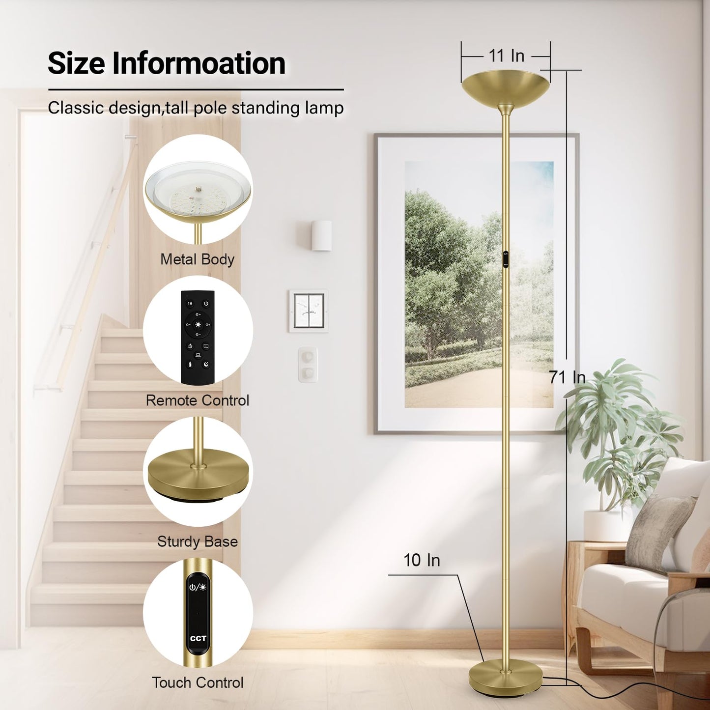 Boostarea Dimmable Floor Lamp 30W 3000Lm Super Bright Led Torchiere Standing Lamp With Remote & Touch Control 71 In Tall Pole Sky Modern Floor Lamps For Living Room Bedroom Office 2700K-6500K Gold