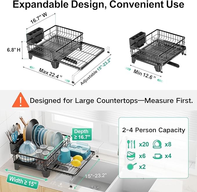 GSlife Extendable Dish Drying Rack - Large 2-in-1 Dish Racks for Kitchen Counter or Over Sink, Anti-Rust Dish Drainer with Pan Slots and Utensil Holder, 13.4"-22.4" L x 16.7" W, Black