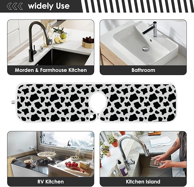 Kitchen Faucet Absorbent Mat,Cow Print Water Splash Guard for Sink, Faucet Drip Catcher Thicken Sponge Microfiber Faucet Water Catcher Mat Sink Absorbent Mat for Kitchen 14x5in 2 Pack