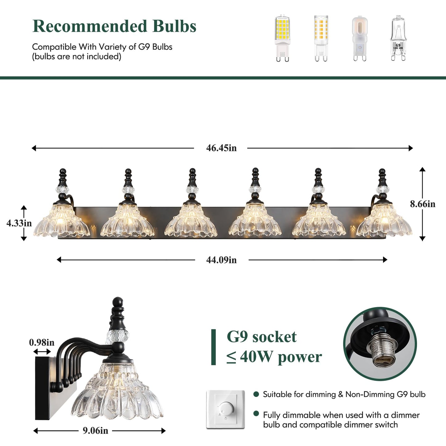 Lbsqj Vintage Bathroom Vanity Light  6-Light Black Vanity Lighting Fixture With Flower Glass Shade  Bathroom Lighting Fixtures Over Mirror