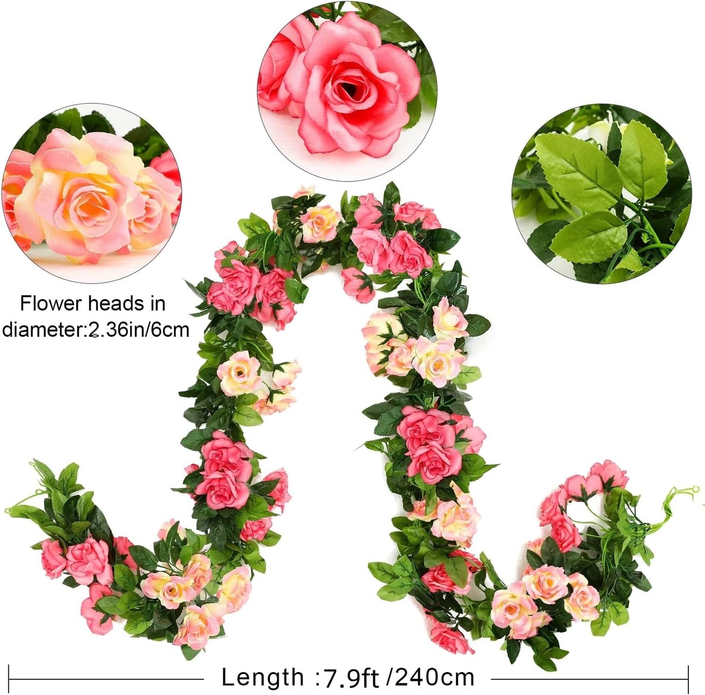 JUSTOYOU Artificial Rose Garland Vines Pink Flowers Hanging Silk Rose Vine for Wedding Home Office Arch Arrangement Decoration 7.6FT(2PCS)