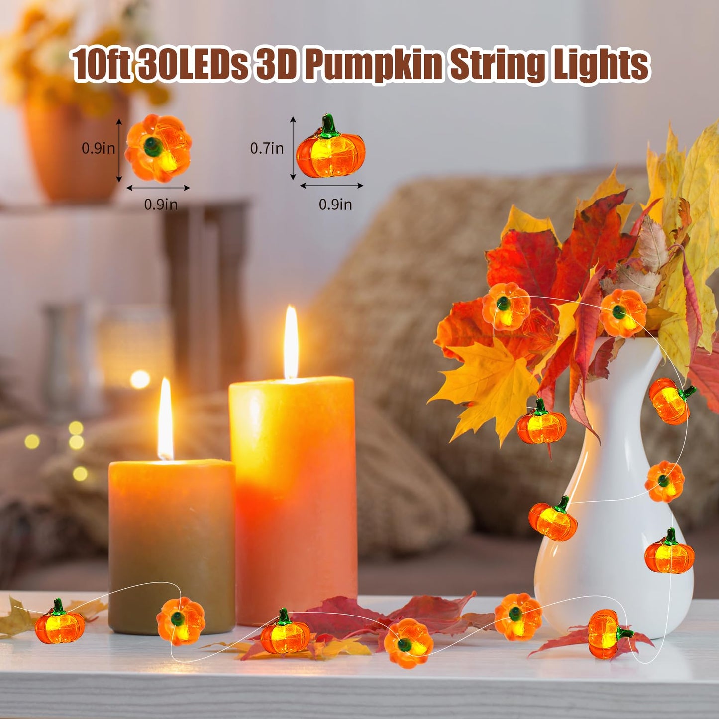 Yoitomehy Fall Lights 3D Pumpkin String Lights 10Ft 30 Leds Battery Operated Fall Decorations For Home Indoor Fall Decor Thanksgiving Decorations Halloween