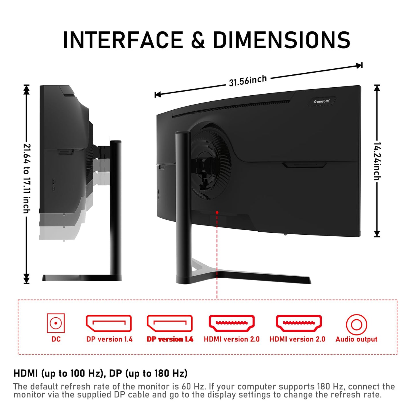 Gawfolk 34 Inch Ultrawide Curved 180Hz Gaming Computer Monitor 1000R PC screen 21:9 UWQHD (3440x1440) ,1ms,100%sRGB,Adaptive Sync,HDMI、Display Port,Liftable Stand,Wall Mount Compatible 75*75mm-Black