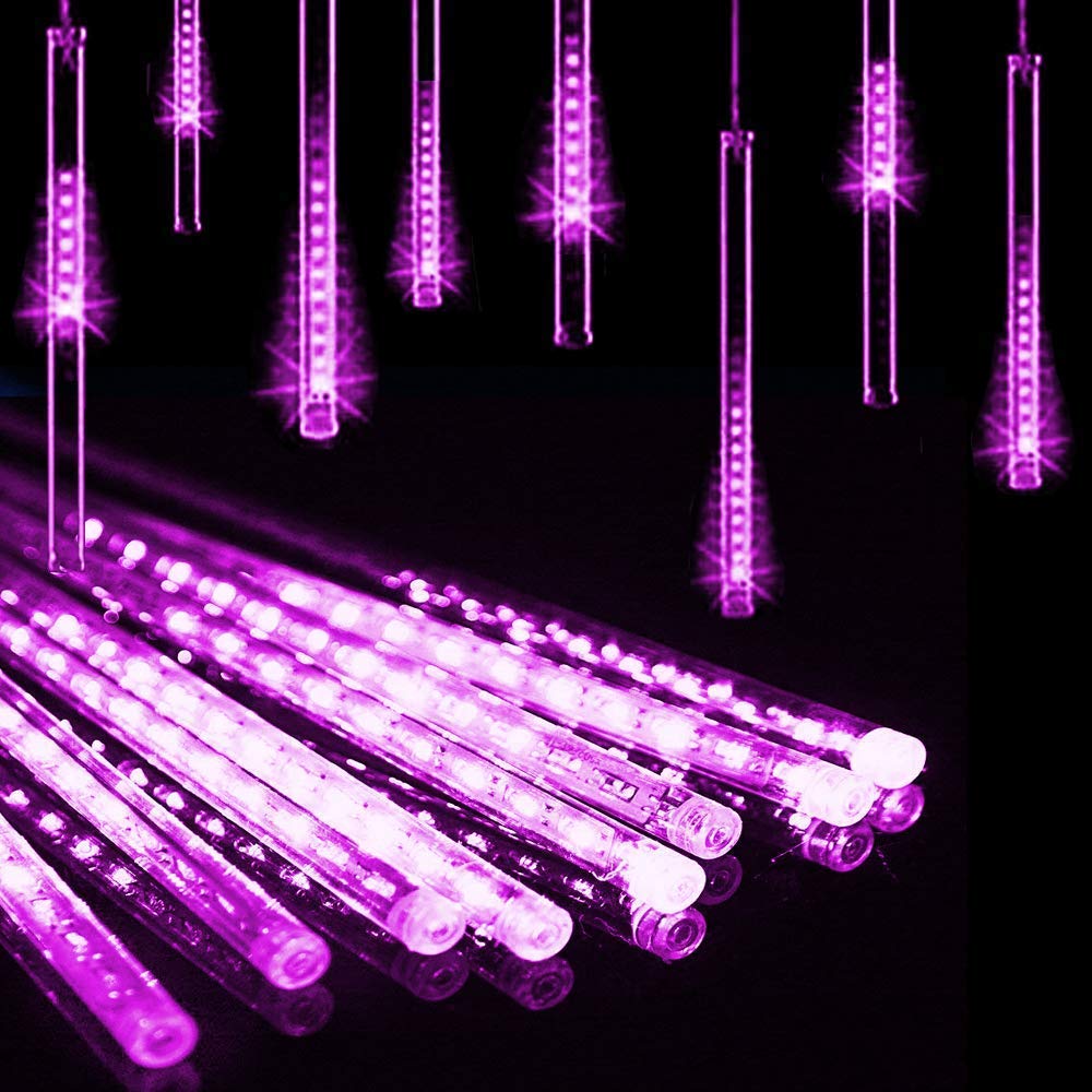 Aukora Led Meteor Shower Lights, 11.8In Purple Rain Drop Lights, 144 Leds For Xmas Party, Holiday, Garden Decoration