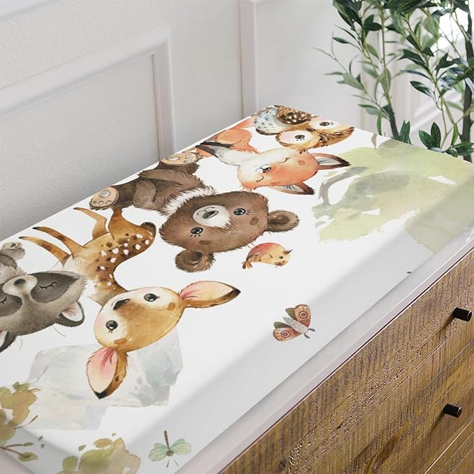 HawSkgFub Animal Friends Changing Pad Cover for Baby Girl Boy, Natural Forest Deer Bear Fox Owl Diaper Change Table Covers, Soft Stretchy Safe Snug Fitted Changing Mat Sheet Fit 32"/34" x 16"
