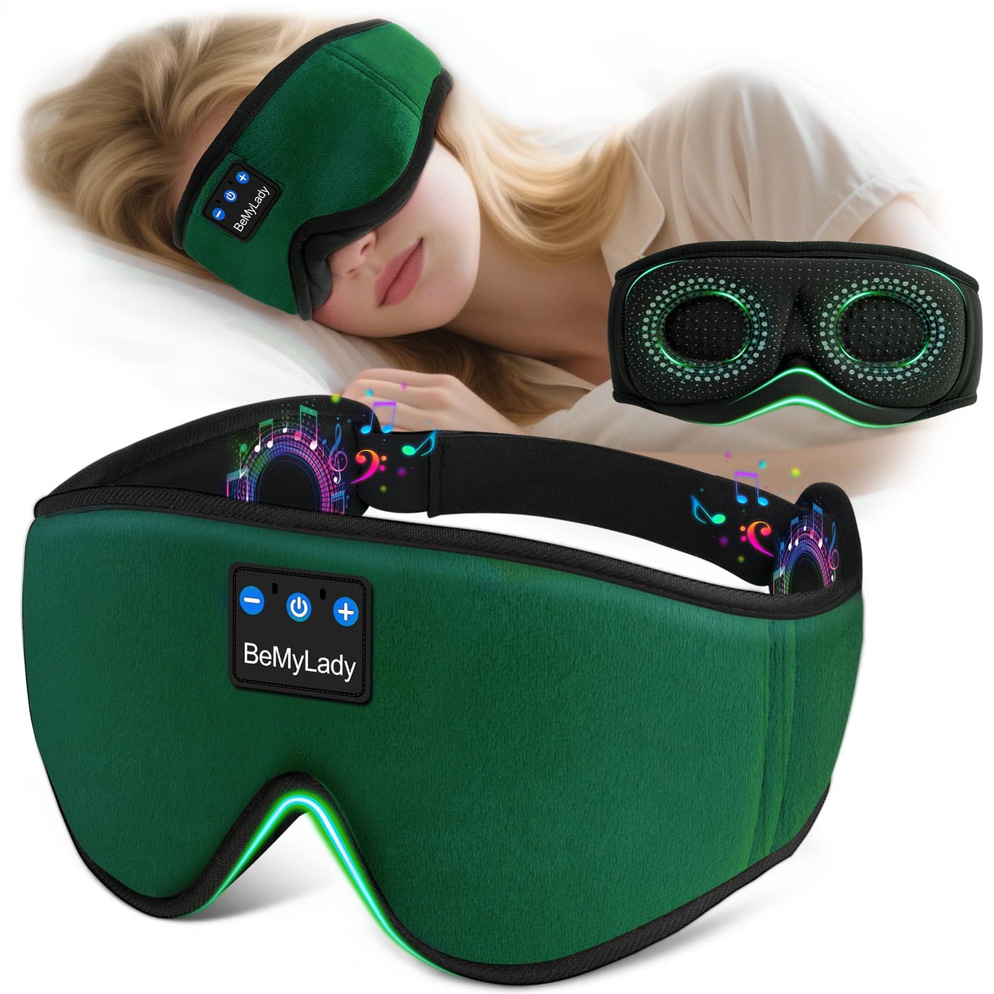 BeMyLady Sleep mask Headphones,100% Blackout 3D Zero Eye Pressure Bluetooth Sleep mask Breathable Eye mask with Bluetooth Headphones Sleep Headphones for Side Sleepers 14H Playtime&Bluetooth 5.4 Green