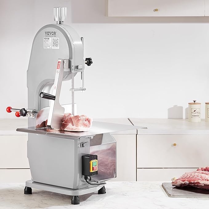 Commercial Electric Meat Bandsaw, 1500W Stainless Steel Countertop Bone Sawing Machine, Workbeach 19.3" x 15", 0.16-7.9 Inch Cutting Thickness, Frozen Meat Cutter with 6 Blades for Rib Pork Beef