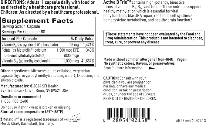 Klaire Labs SFI Health Active B Trio - Methylated Vitamin B Complex with B6, B12 & Folate - Bioactive Vitamins for Enhanced Absorption - Promote Healthy Energy & Cognition (60 Capsules)