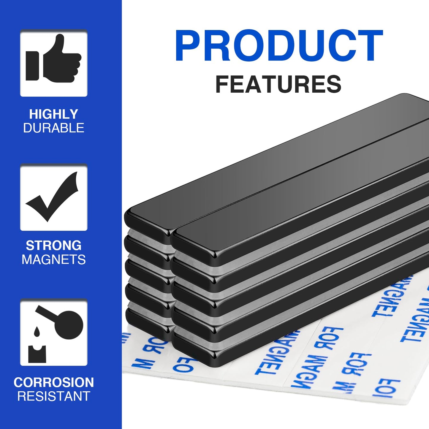 MIKEDE Magnets, 9 Pack Strong Neodymium Bar Magnets with Adhesive Backing, Rare Earth Fridge Magnet Heavy Duty, Metal Powerful Black Magnet for Craft, Whiteboard, Garage, Kitchen - 60x10x3 mm