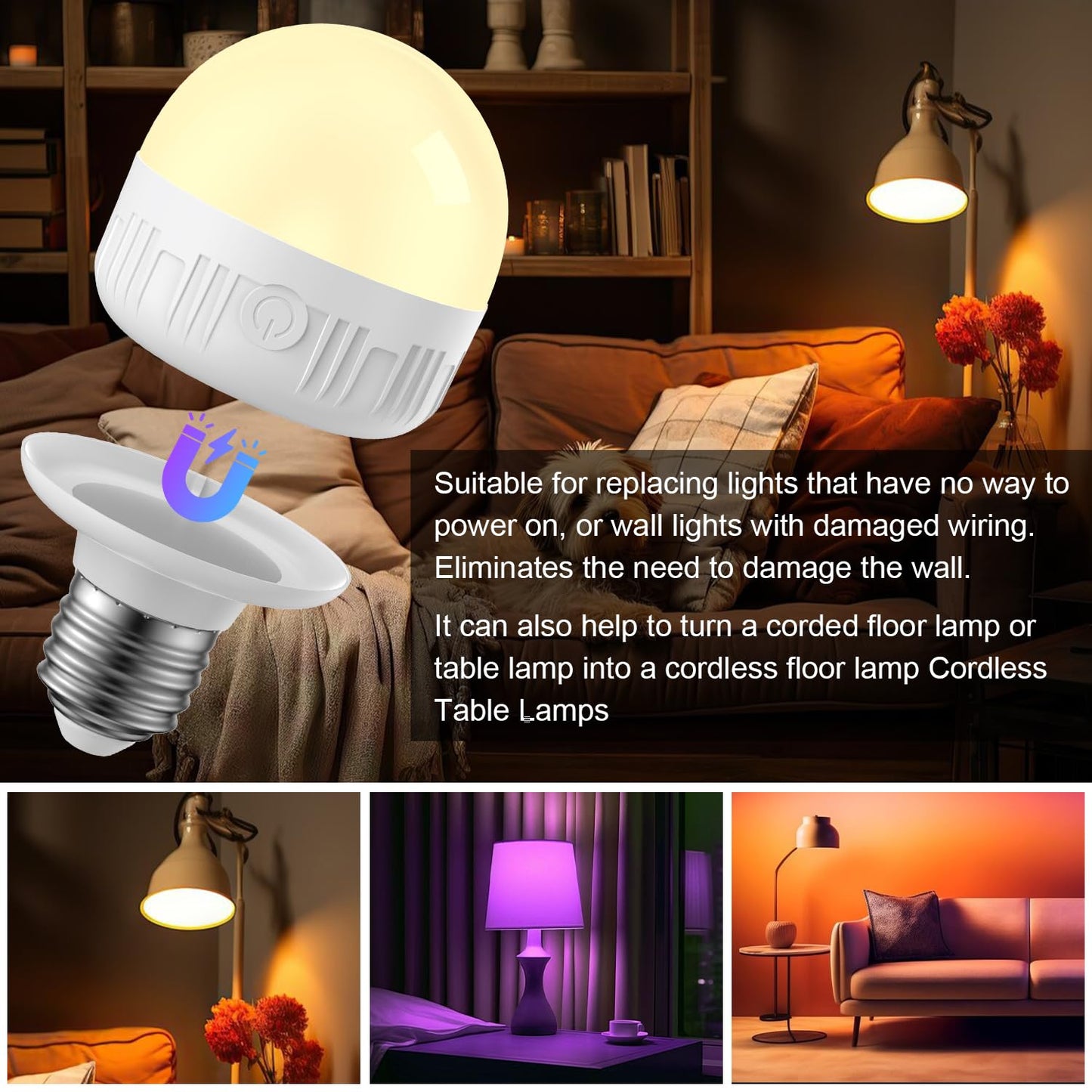 LGMCF Rechargeable Light Bulb with Remote - 6W Dimmable LED, 450LM, 15 Colors, E26, 2-Pack, Magnetic, Model JHW088