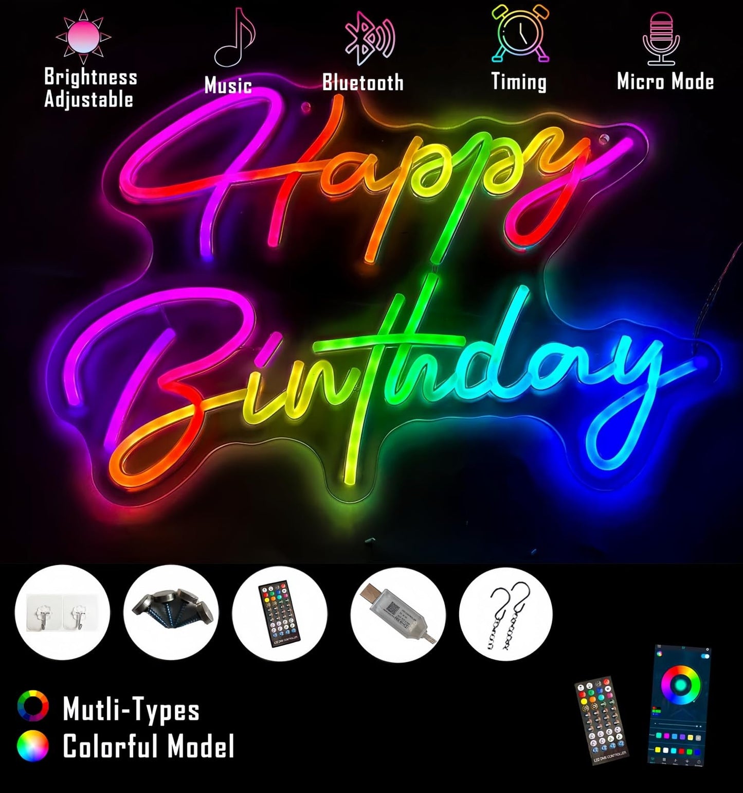 Ulalaza LED Neon Sign - Smart RGB & Color Flow Effect, 16.1in x 16.1in, Acrylic, Happy Birthday, Remote & App Control, USB Powered