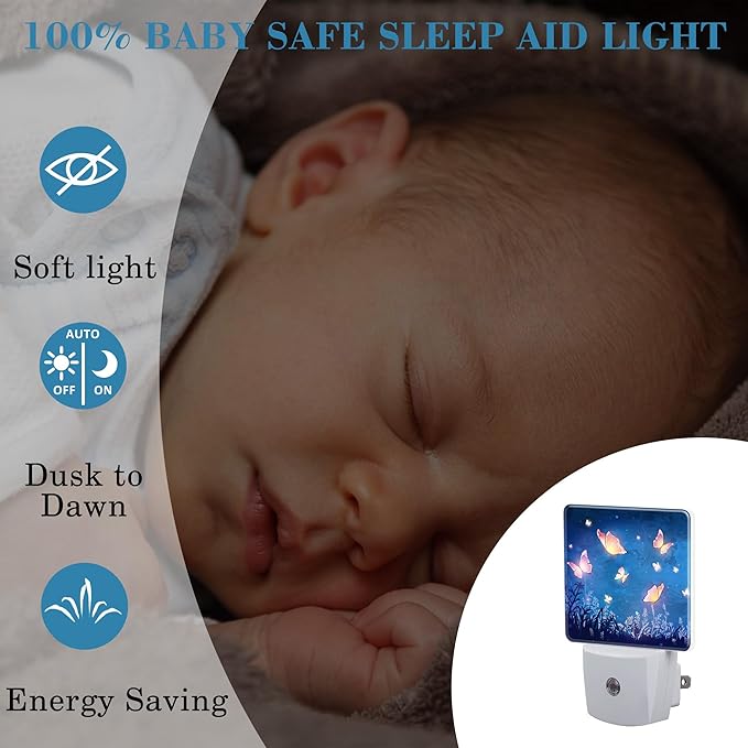 Night Light Plug into Wall Glowing Butterflies Flying in Garden with Dusk to Dawn Sensor for Kid Girls Boys Room Decor, Hallway, Kitchen, Bathroom, Nursery, Stairs