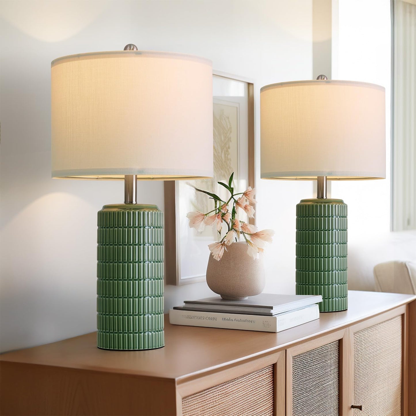 PoKat Ceramic Table Lamps Set of 2, Dark Green, 23in Modern Nightstand Decor, Model AMZ-T1102GN