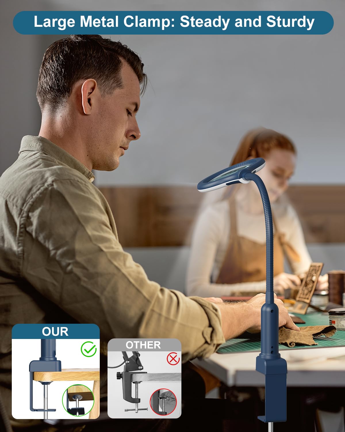 RackydigPro 10X Magnifying Glass with Light, LED 5 Color Modes, Flexible Gooseneck Desk Lamp, Blue, Model LBJT031FE01R