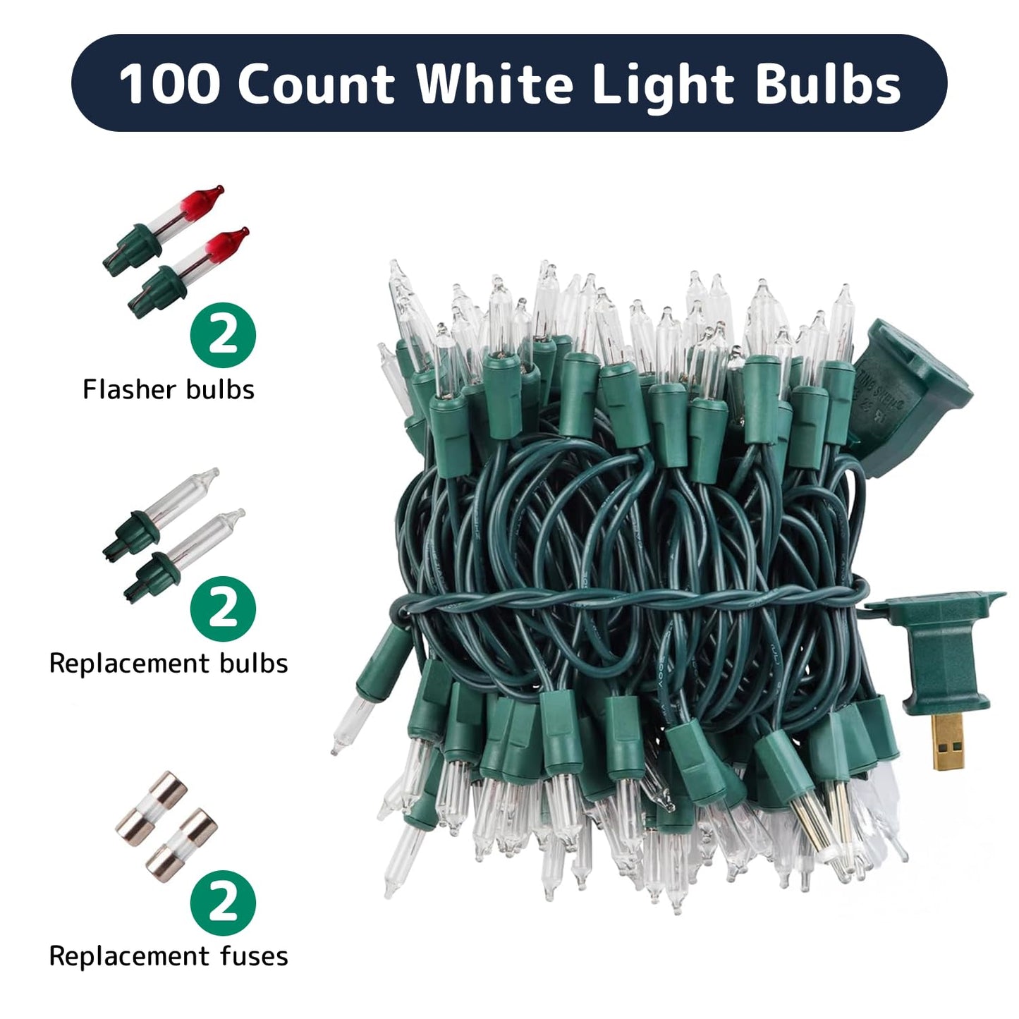 PREXTEX Clear Christmas Tree Lights, 100 Count, 20 ft, Ultra Bright, Green Wire, Indoor/Outdoor, Model ESD-100/2F