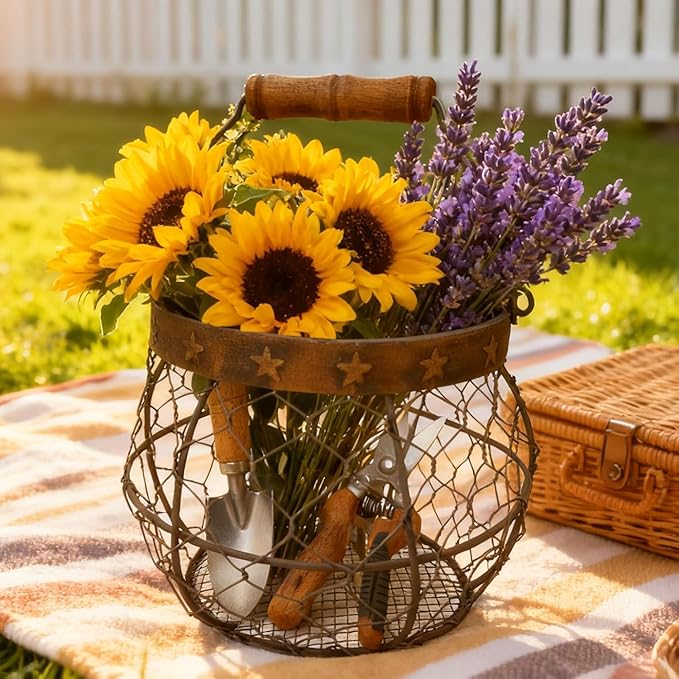 TAIANLE. Wire Egg Basket for Gathering Fresh Eggs with Handle, Metal Chicken Egg Collecting Basket for Coop, Rustic Farmhouse Kitchen Countertop Storage Basket Farmhouse Holder Organizer Easter
